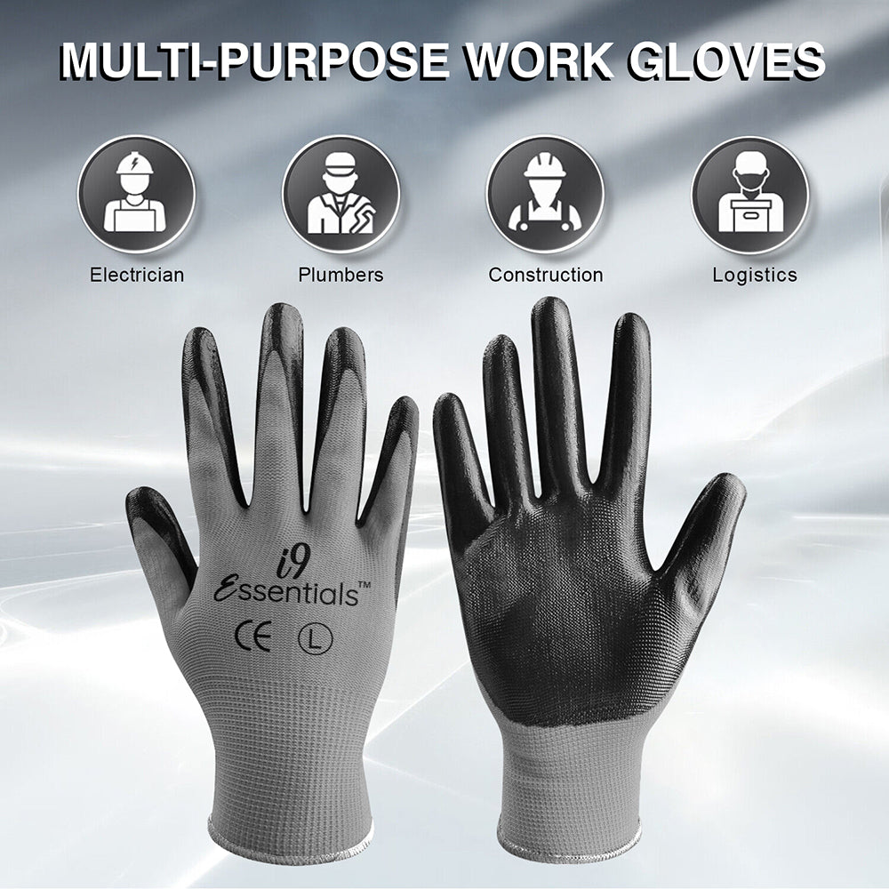 A pack of 12 i9 Essentials Polyester & Nitrile work gloves in grey and black, showcasing their durable nitrile palm coating and seamless design.