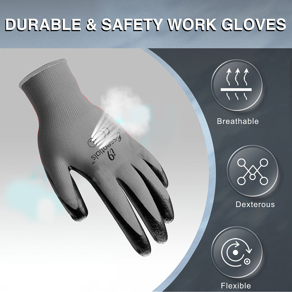 A pack of 12 i9 Essentials Polyester & Nitrile work gloves in grey and black, showcasing their durable nitrile palm coating and seamless design.