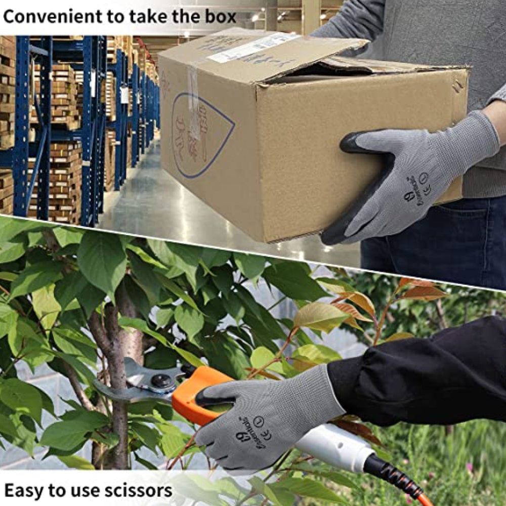 A pack of 12 i9 Essentials Polyester & Nitrile work gloves in grey and black, showcasing their durable nitrile palm coating and seamless design.