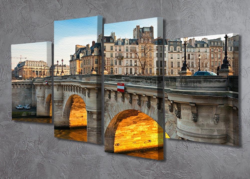 A beautiful 4-split canvas artwork depicting the Pont Neuf bridge in Paris, showcasing vibrant colors and intricate details across four panels.