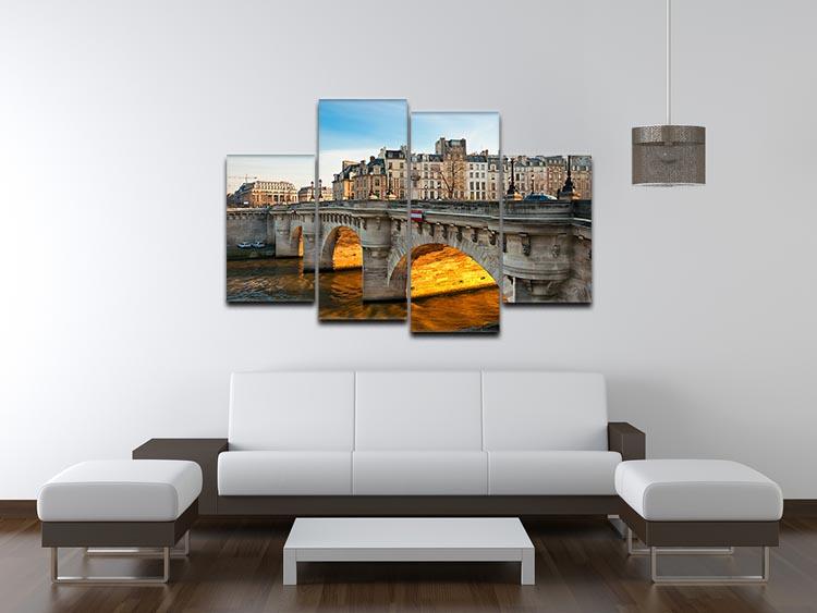 A beautiful 4-split canvas artwork depicting the Pont Neuf bridge in Paris, showcasing vibrant colors and intricate details across four panels.