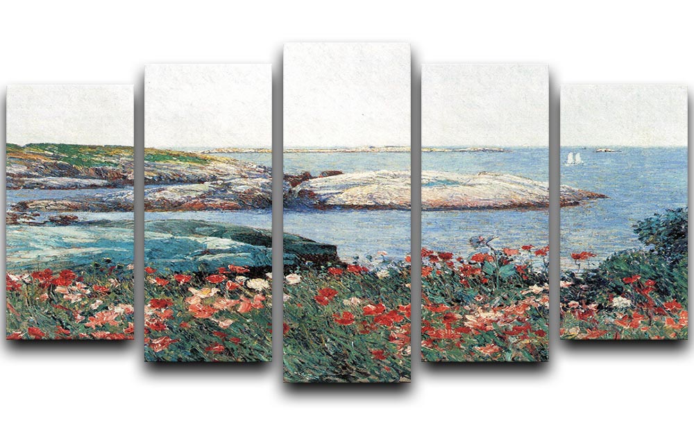Poppies Isles of Shoals 1 by Hassam, a vibrant 5-split canvas artwork showcasing colorful poppies in a dynamic arrangement.