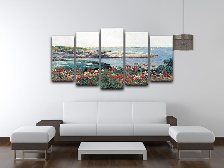 Poppies Isles of Shoals 1 by Hassam, a vibrant 5-split canvas artwork showcasing colorful poppies in a dynamic arrangement.