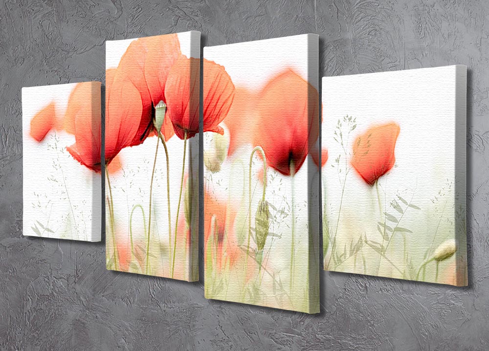 A vibrant 4-panel canvas artwork featuring poppies on a summer day, showcasing bright colors and a dynamic split design.