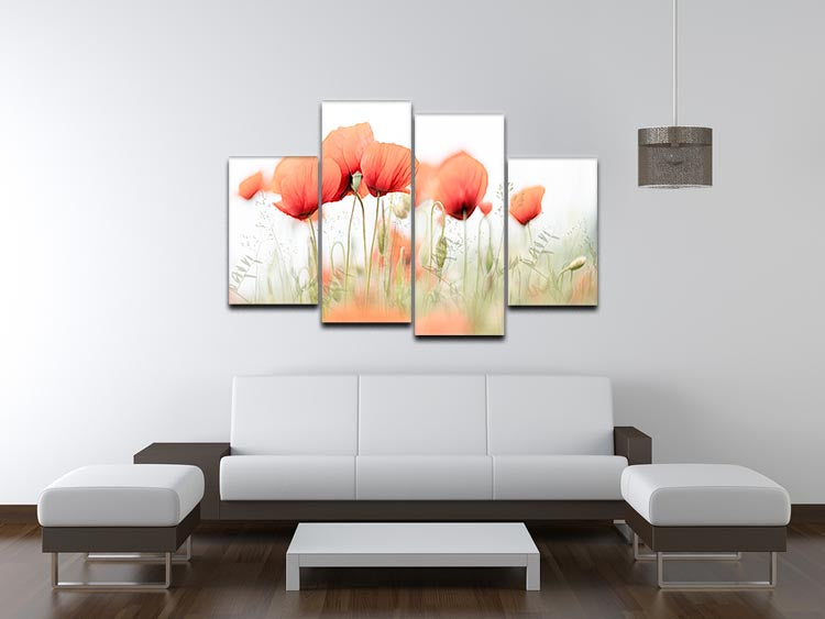 A vibrant 4-panel canvas artwork featuring poppies on a summer day, showcasing bright colors and a dynamic split design.