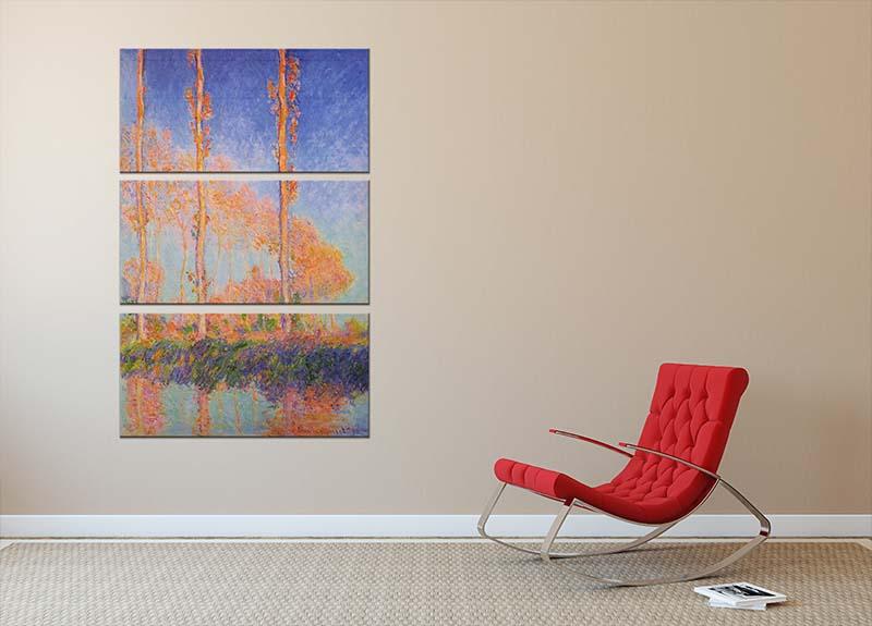 Three-panel canvas print of Monet's Poplars at Philadelphia, showcasing vibrant colors and intricate details.