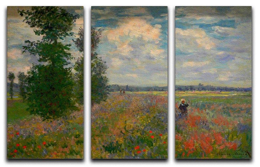 A beautiful split panel canvas print of Monet's Poppy Field Argenteuil, showcasing vibrant colors and intricate details across three panels.