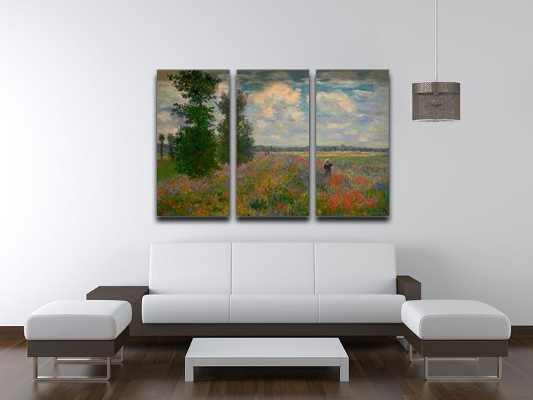A beautiful split panel canvas print of Monet's Poppy Field Argenteuil, showcasing vibrant colors and intricate details across three panels.
