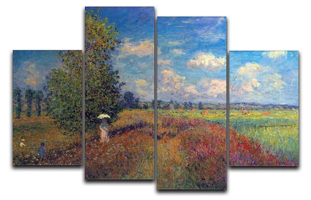 A beautiful 4 split panel canvas artwork depicting Monet's Poppy Field in Summer, showcasing vibrant colors and serene landscapes.