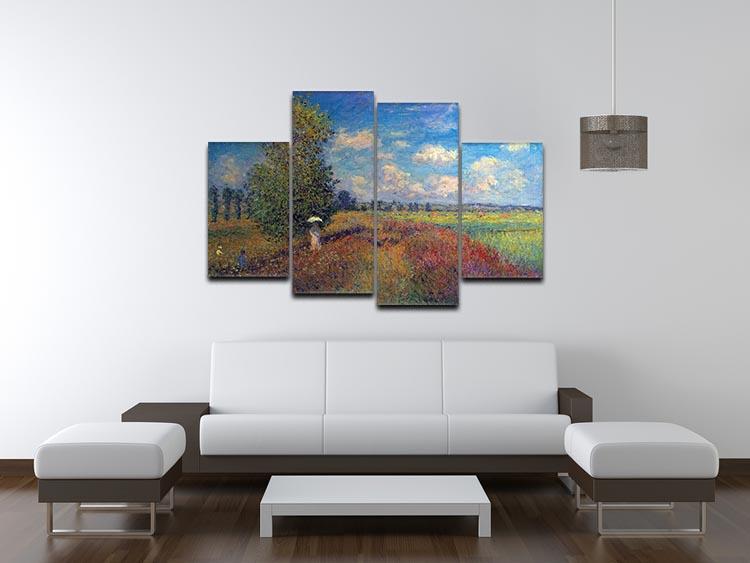A beautiful 4 split panel canvas artwork depicting Monet's Poppy Field in Summer, showcasing vibrant colors and serene landscapes.