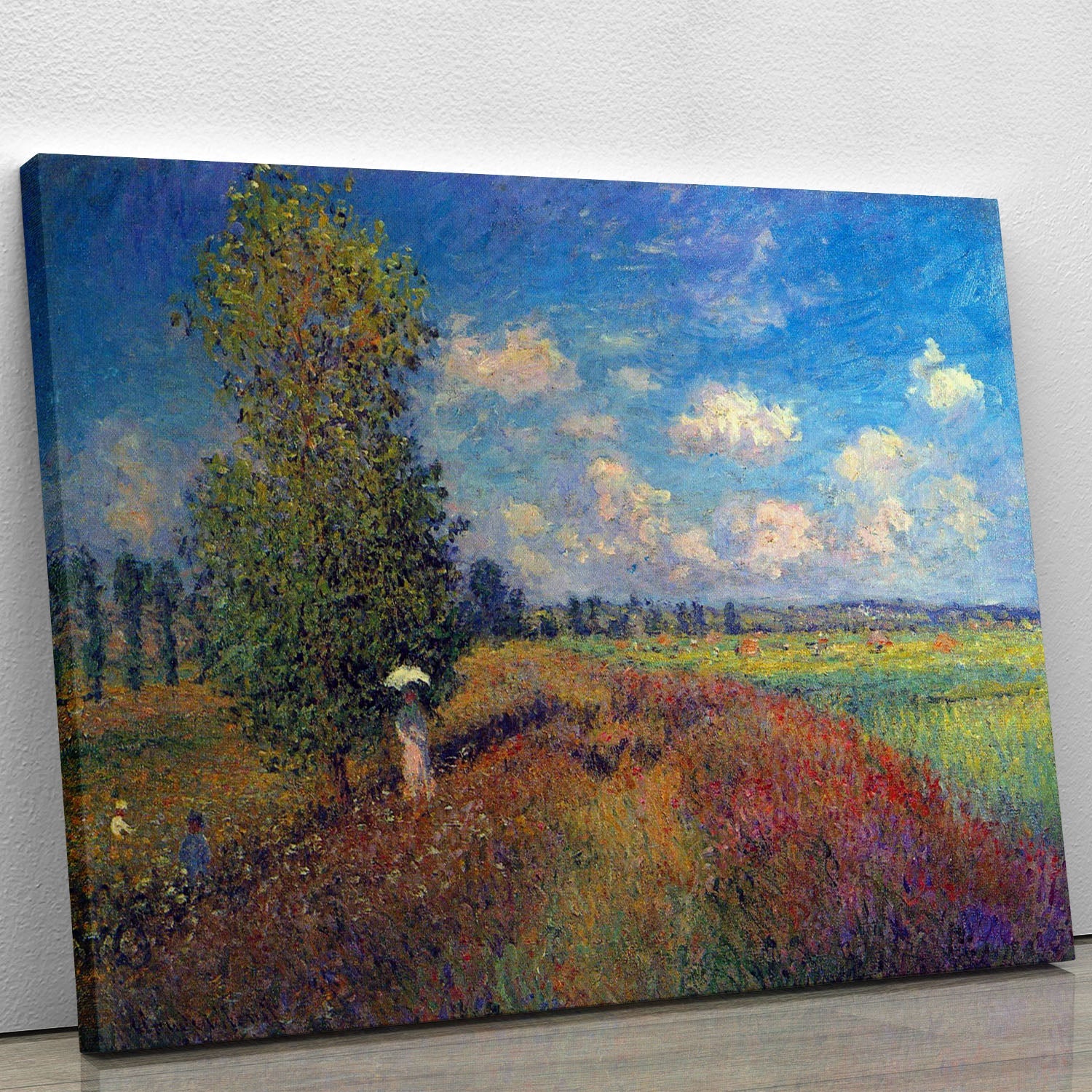 Canvas print of Monet's Poppy Field in Summer, showcasing vibrant red poppies and lush green fields under a bright blue sky.