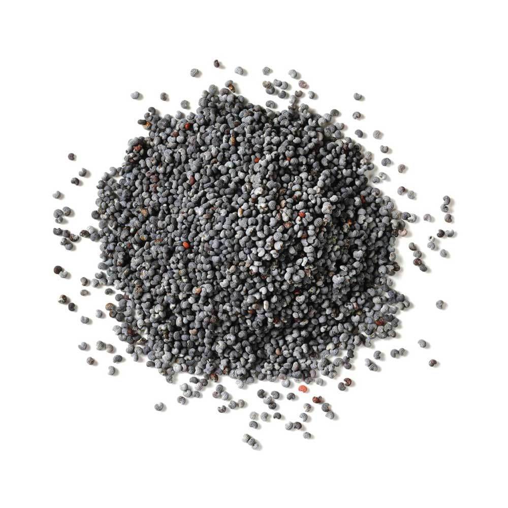 A close-up of unwashed blue poppy seeds in a resealable bag, showcasing their rich color and texture, perfect for baking and decorating.