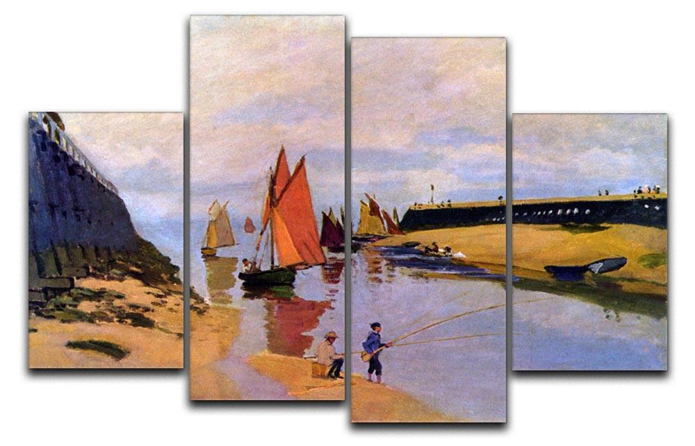 A 4-split canvas artwork featuring Monet's Port of Trouville, showcasing vibrant colors and dynamic seaside scenes.
