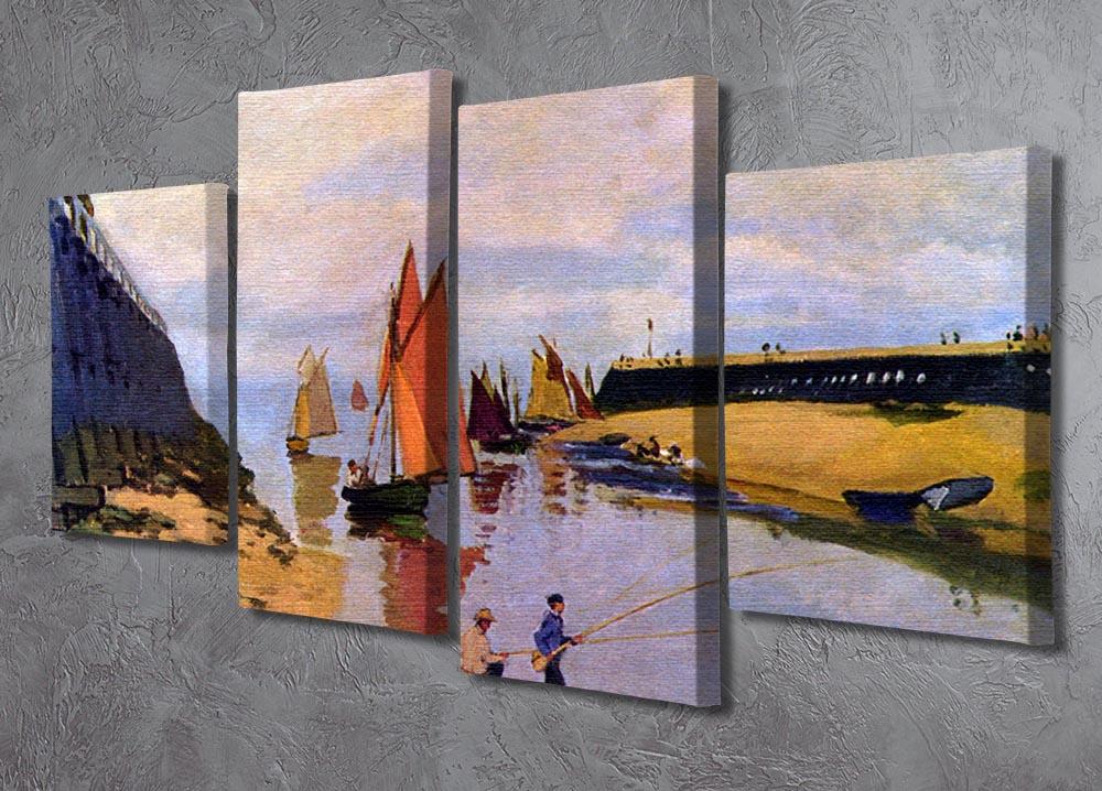A 4-split canvas artwork featuring Monet's Port of Trouville, showcasing vibrant colors and dynamic seaside scenes.