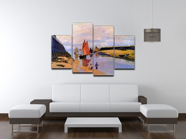 A 4-split canvas artwork featuring Monet's Port of Trouville, showcasing vibrant colors and dynamic seaside scenes.