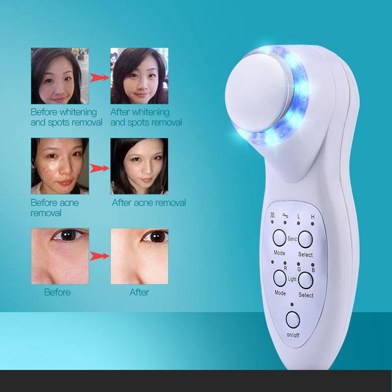 Portable 3Mhz Ultrasonic Face Lift device with 7 colored LED lights for skin rejuvenation and acne treatment.