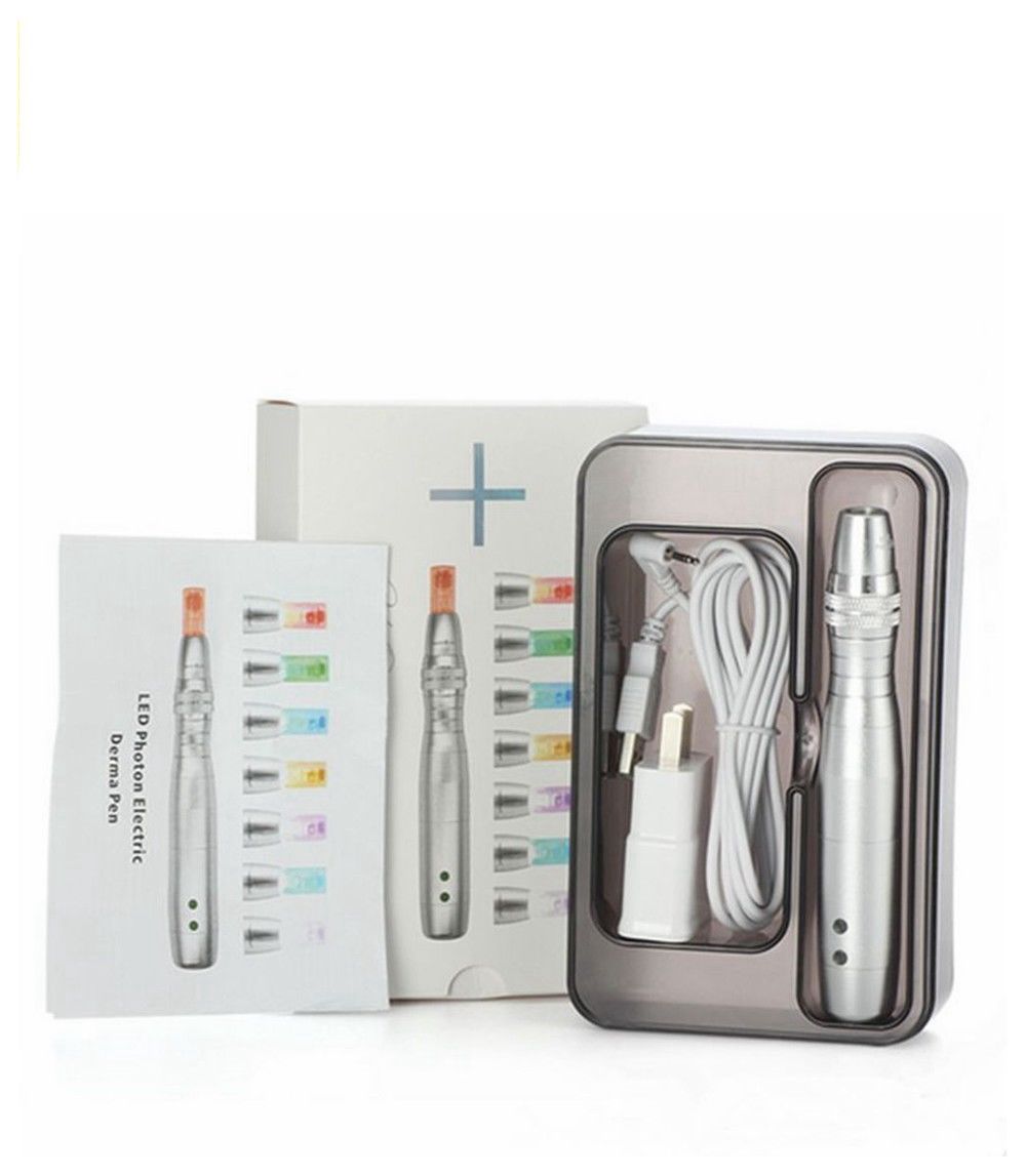 Portable 7 Color LED Photon Electric Microneedle DermaPen with adjustable needle depth and LED light therapy features for skin rejuvenation.