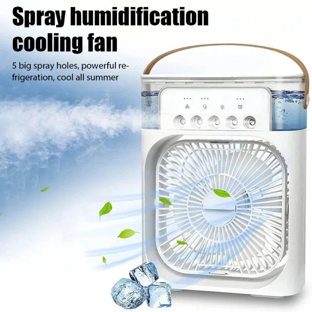 A compact and stylish Portable Desktop Air Cooler Fan with adjustable settings and LED mood light, ideal for summer use.