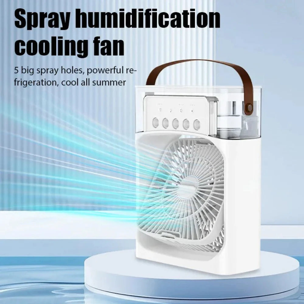 A compact and stylish Portable Desktop Air Cooler Fan with adjustable settings and LED mood light, ideal for summer use.
