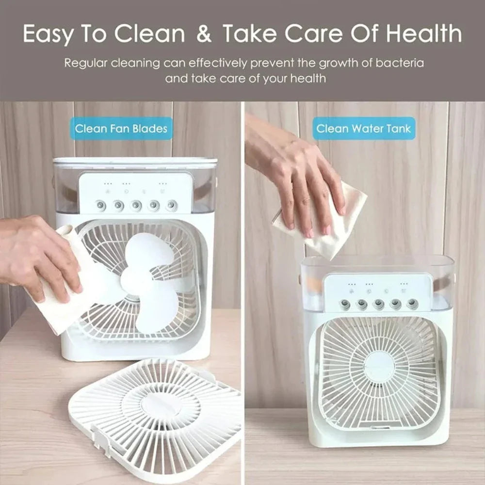 A compact and stylish Portable Desktop Air Cooler Fan with adjustable settings and LED mood light, ideal for summer use.