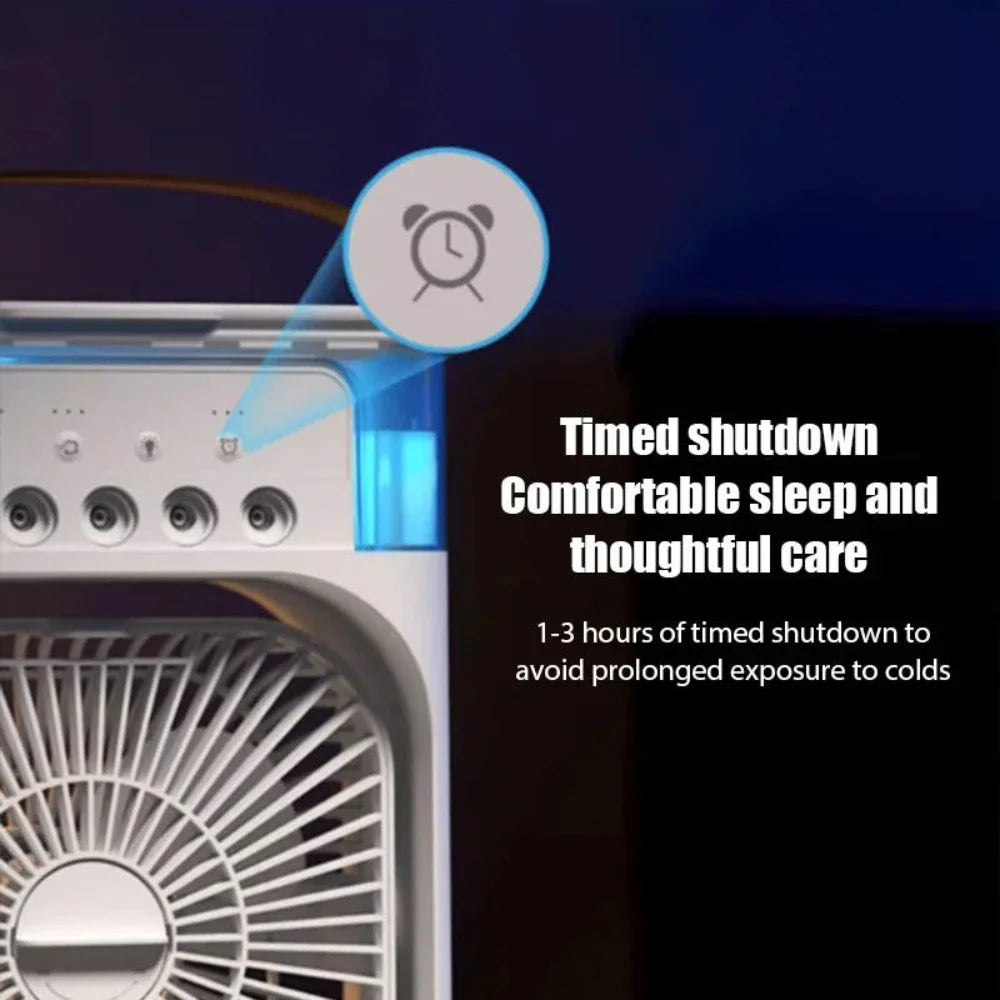 A compact and stylish Portable Desktop Air Cooler Fan with adjustable settings and LED mood light, ideal for summer use.