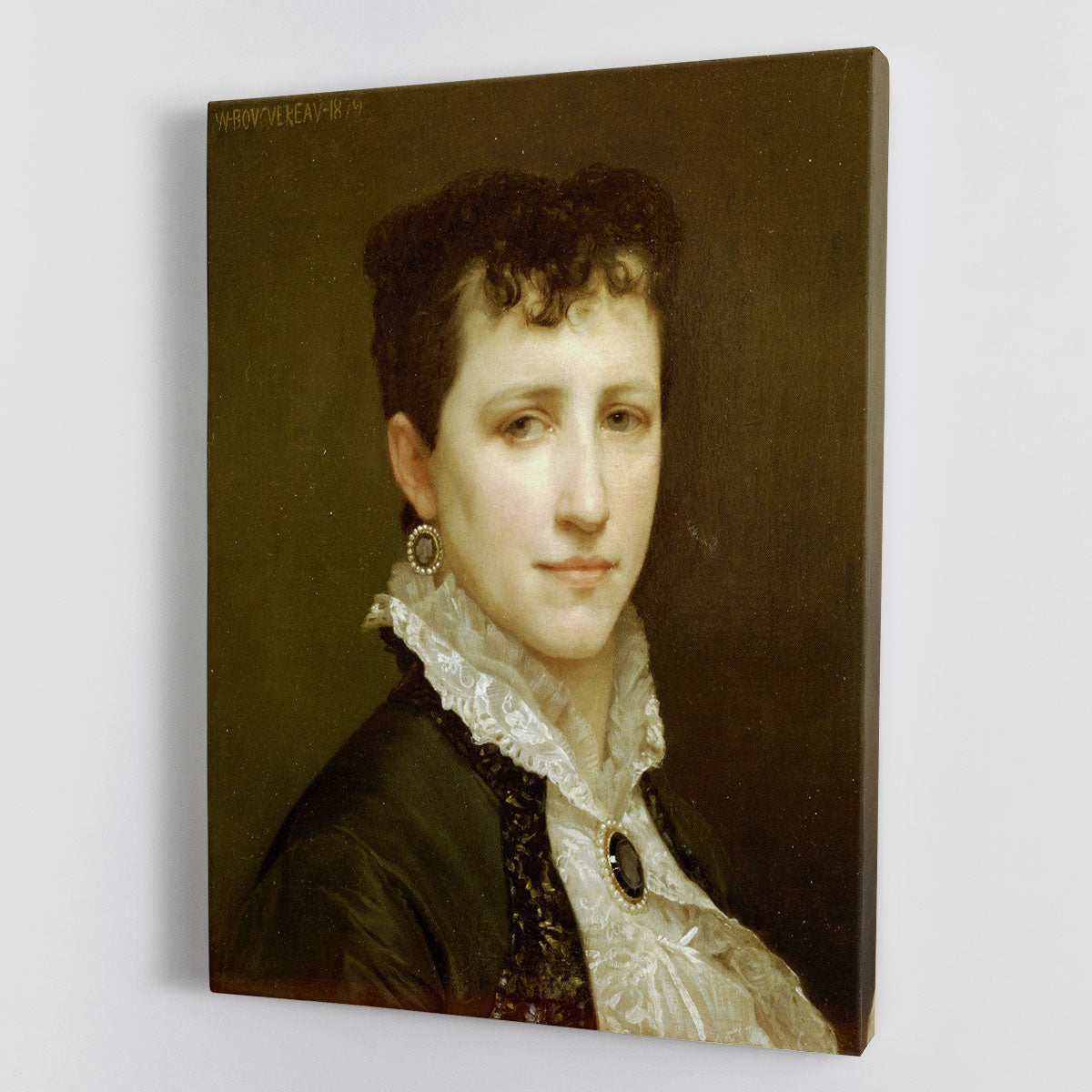 Canvas print of Portrait de Mademoiselle Elizabeth Gardner by Bouguereau, showcasing a beautiful woman in elegant attire.