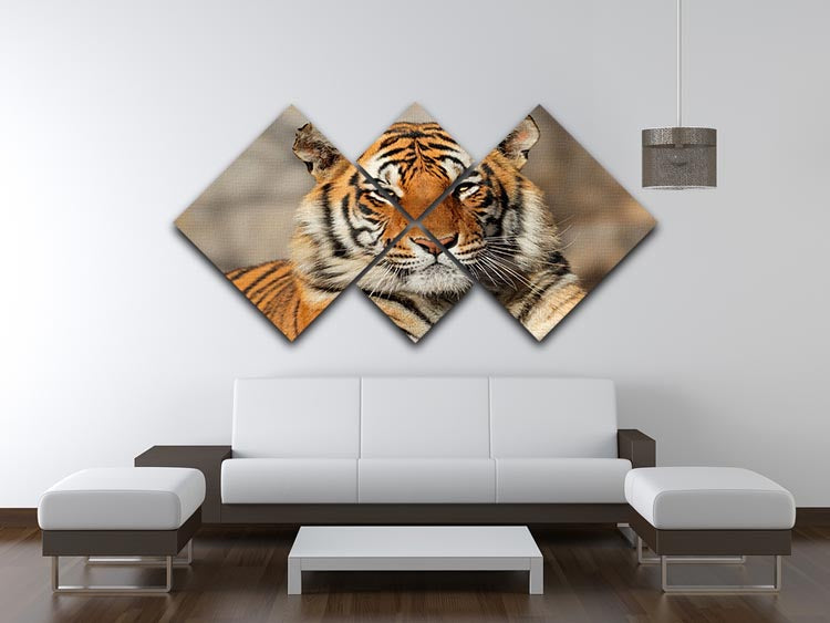 A stunning multi-panel canvas artwork featuring a Bengal tiger, divided into four equal square sections, showcasing vibrant colors and intricate details.