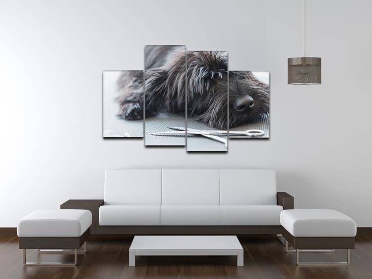 A charming portrait of a cute Schnauzer lying on a grooming table, displayed as a 4-split canvas artwork.