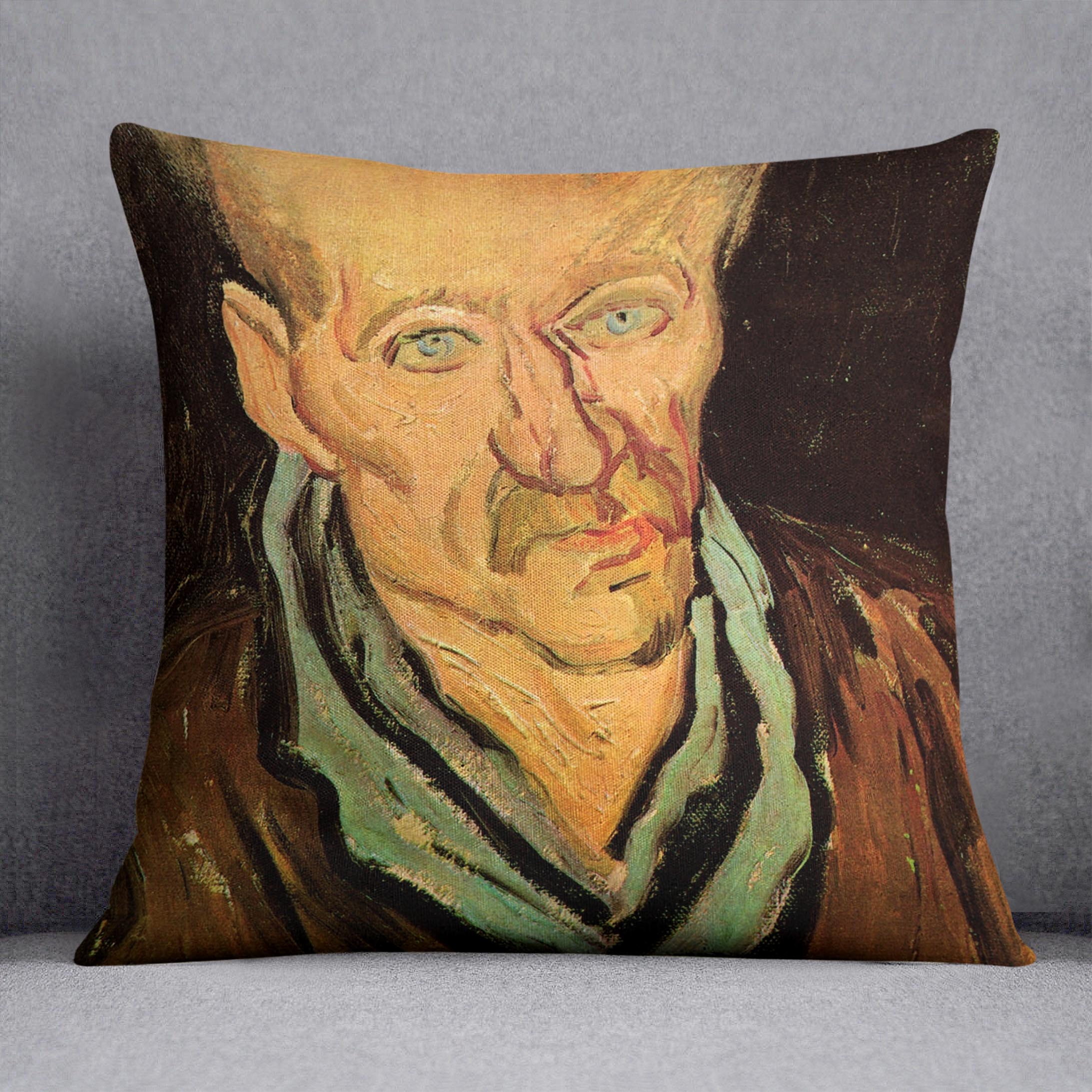 A vibrant cushion featuring Van Gogh's Portrait of a Patient in Saint-Paul Hospital, made from luxurious vegan faux suede.