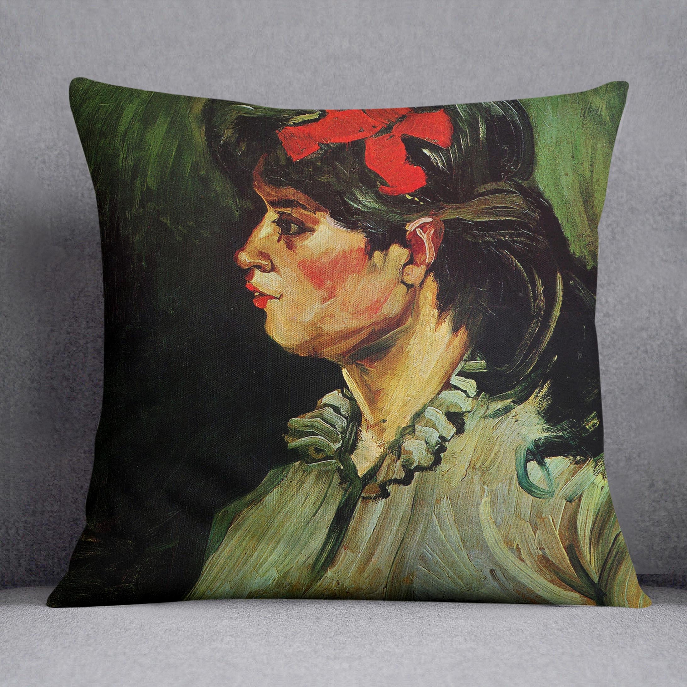 A vibrant cushion featuring Van Gogh's Portrait of a Woman with Red Ribbon, made from luxurious vegan faux suede.