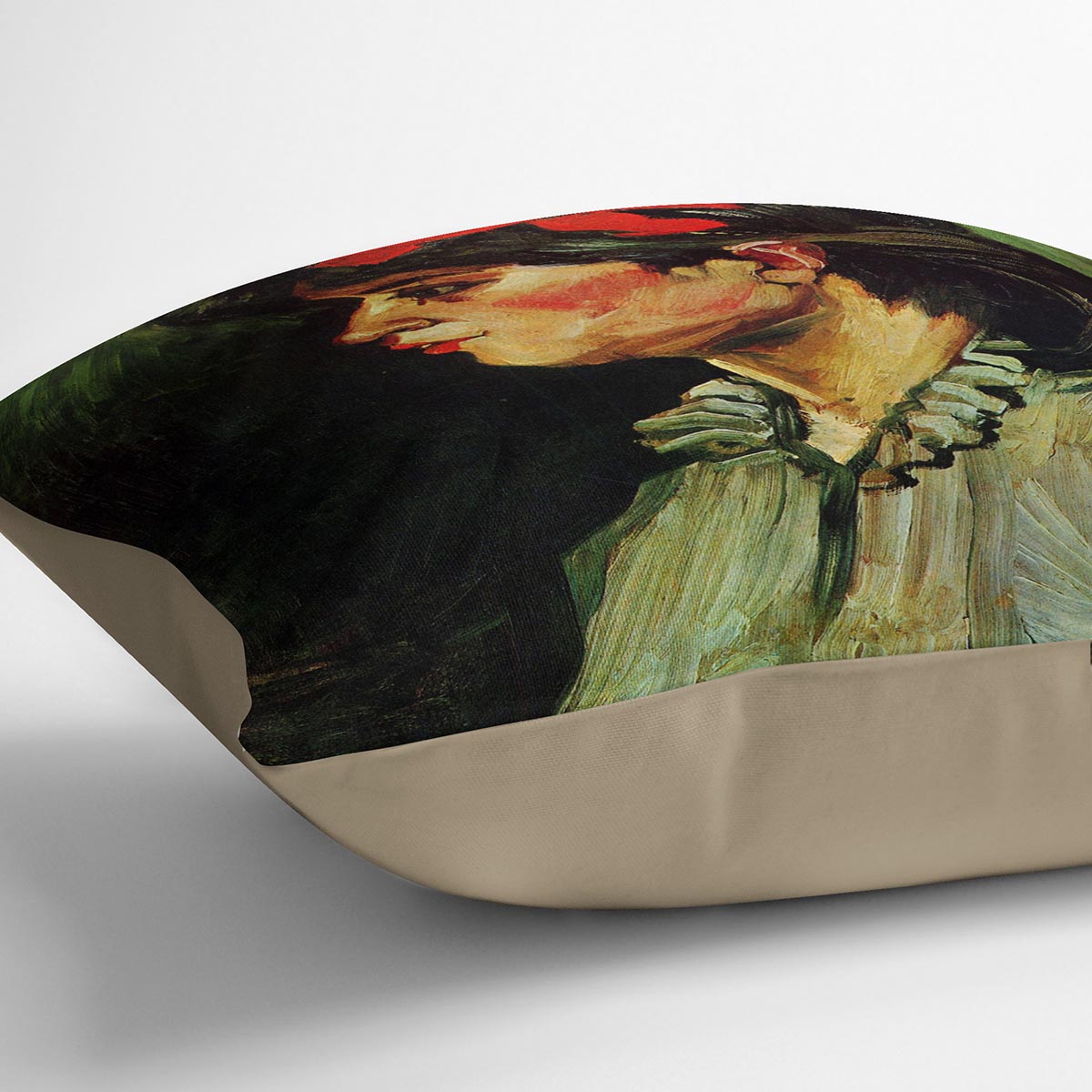 A vibrant cushion featuring Van Gogh's Portrait of a Woman with Red Ribbon, made from luxurious vegan faux suede.