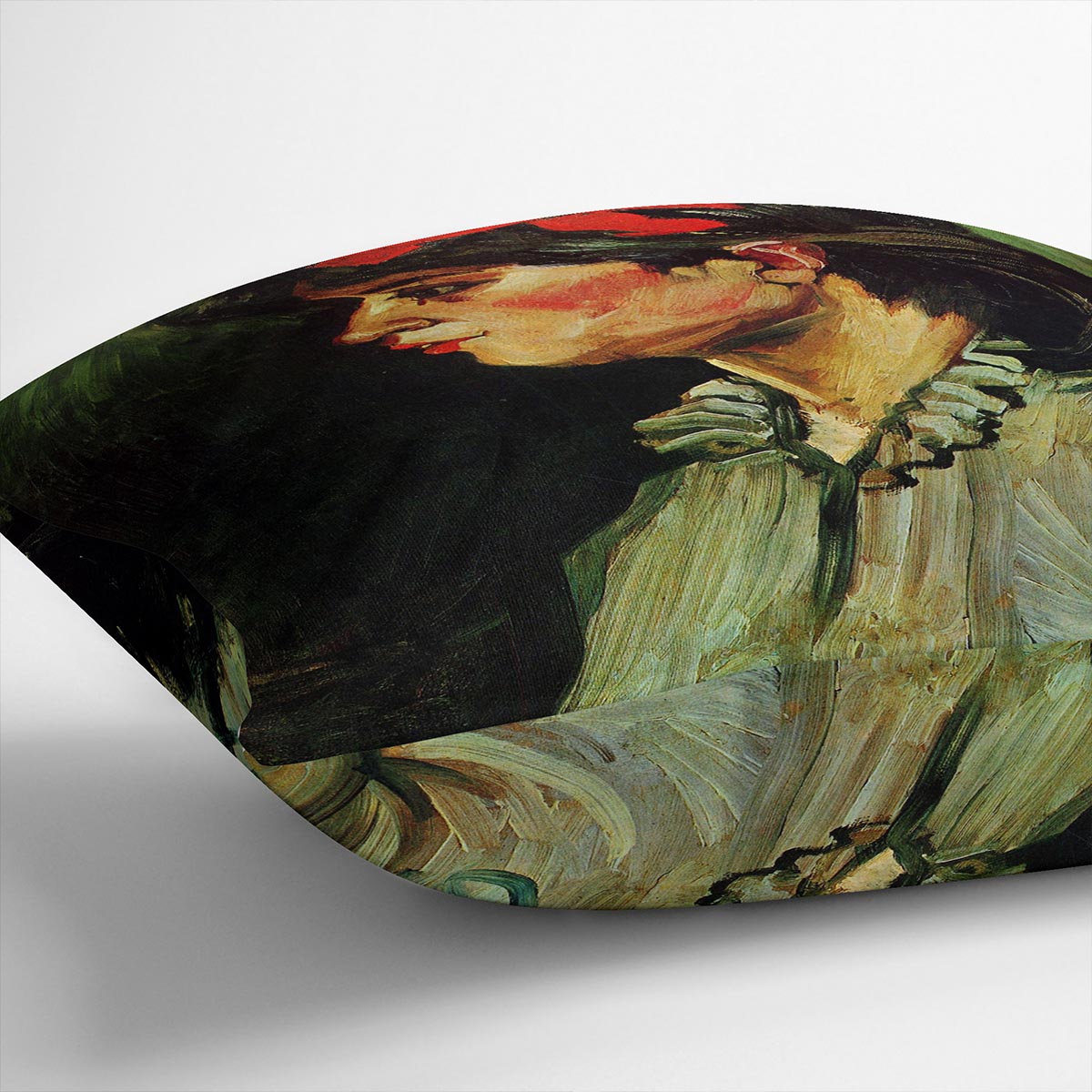 A vibrant cushion featuring Van Gogh's Portrait of a Woman with Red Ribbon, made from luxurious vegan faux suede.