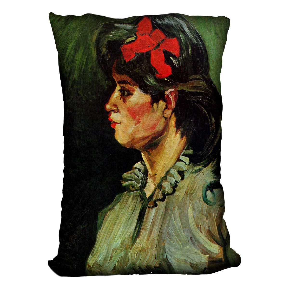 A vibrant cushion featuring Van Gogh's Portrait of a Woman with Red Ribbon, made from luxurious vegan faux suede.