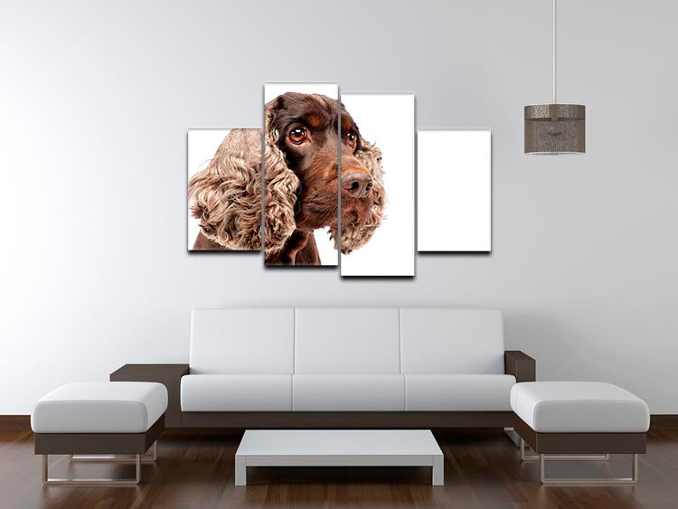 A charming portrait of an English Cocker Spaniel displayed on a 4-split canvas, showcasing the dog's playful expression and beautiful fur.