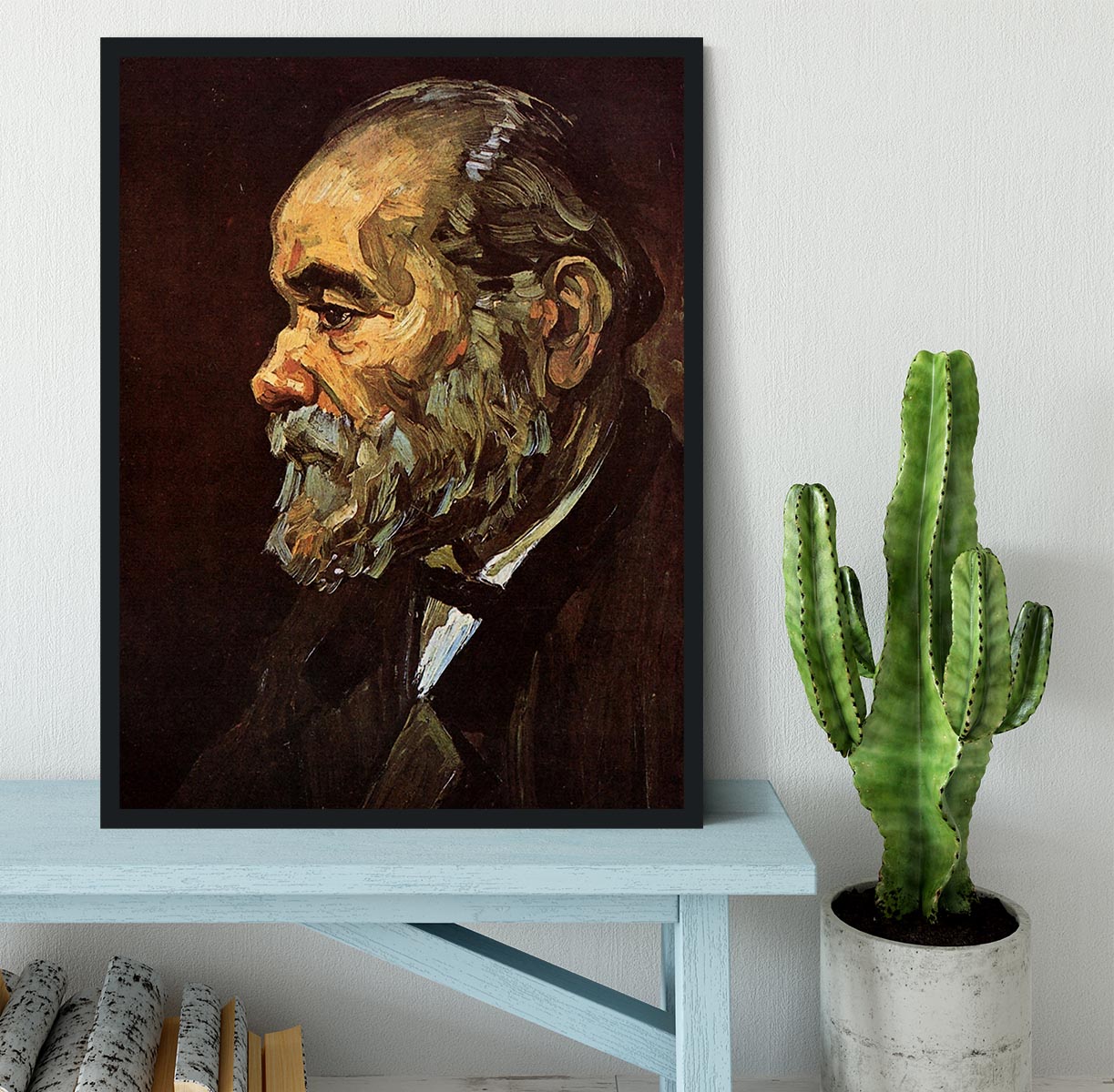Framed print of Van Gogh's Portrait of an Old Man with Beard, showcasing vibrant colors and intricate details in a stylish frame.