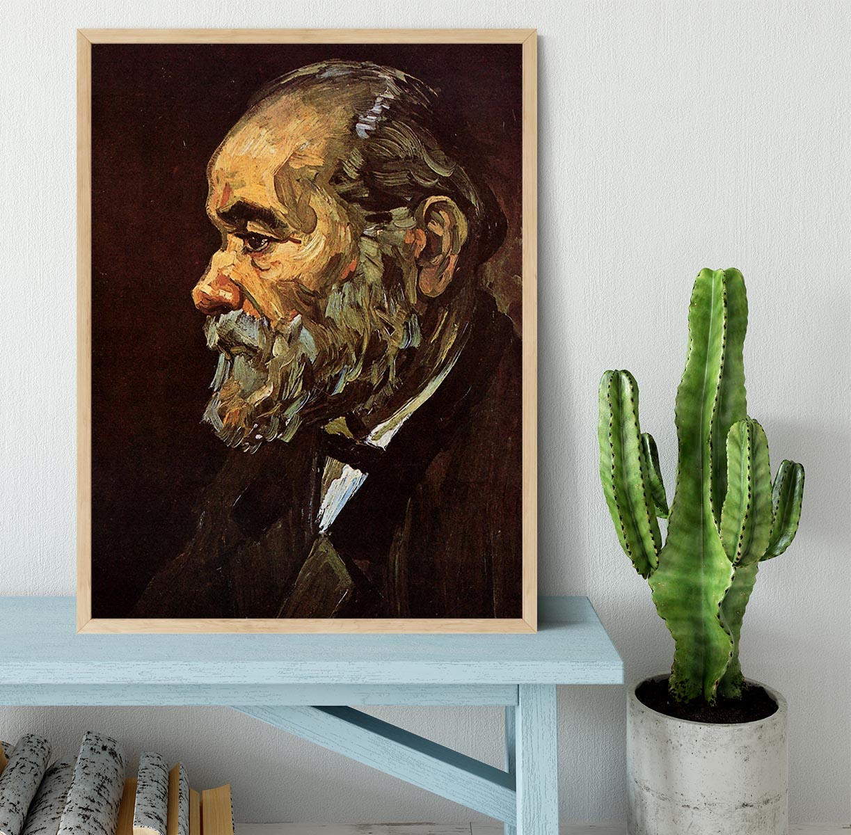 Framed print of Van Gogh's Portrait of an Old Man with Beard, showcasing vibrant colors and intricate details in a stylish frame.
