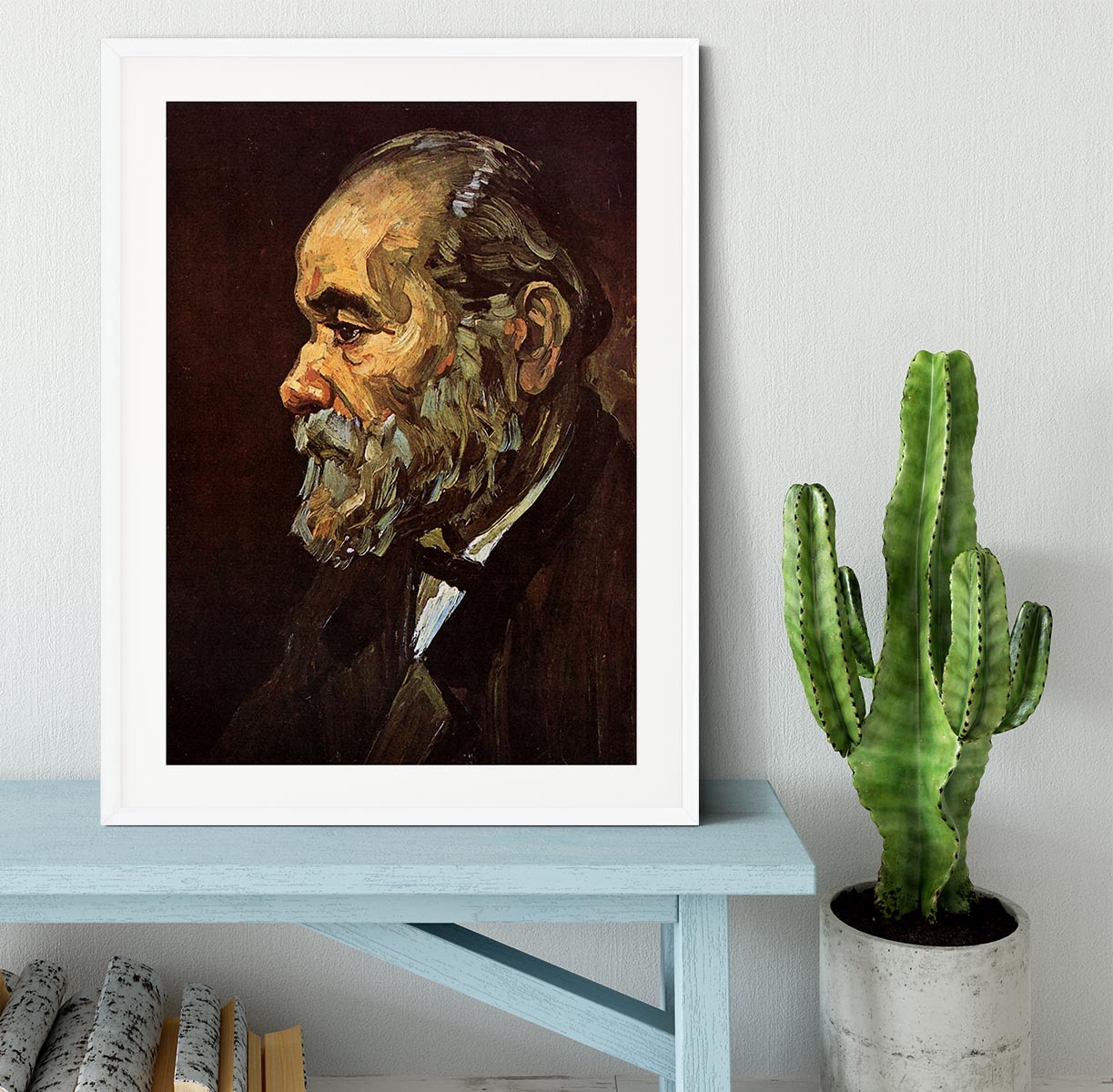 Framed print of Van Gogh's Portrait of an Old Man with Beard, showcasing vibrant colors and intricate details in a stylish frame.