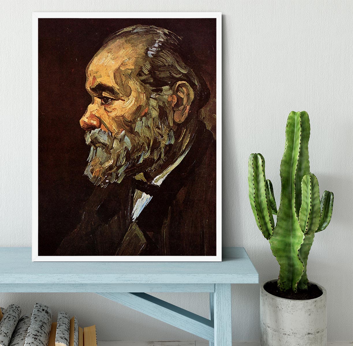 Framed print of Van Gogh's Portrait of an Old Man with Beard, showcasing vibrant colors and intricate details in a stylish frame.