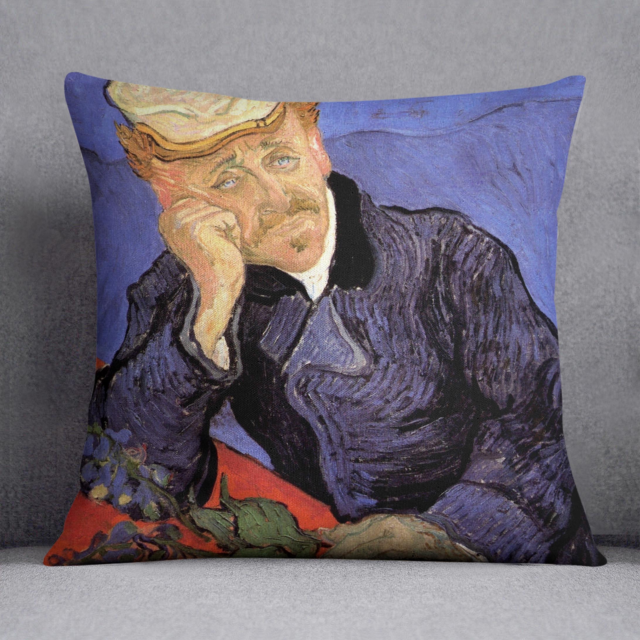 A vibrant cushion featuring Van Gogh's Portrait of Doctor Gachet, made from luxurious vegan faux suede with a plump filling.
