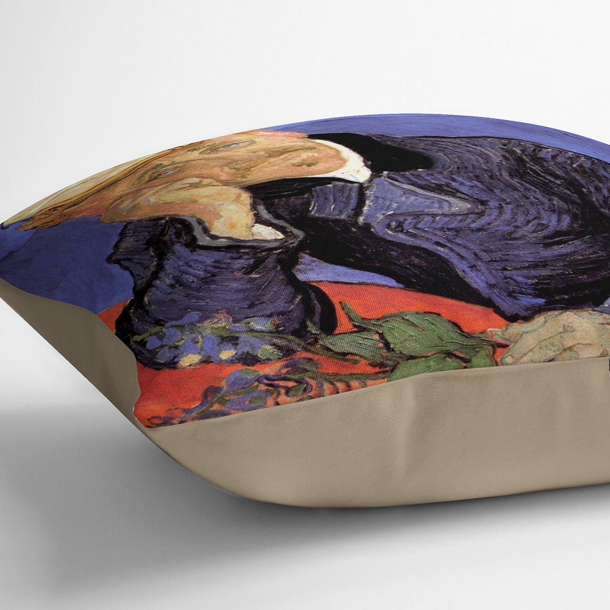 A vibrant cushion featuring Van Gogh's Portrait of Doctor Gachet, made from luxurious vegan faux suede with a plump filling.