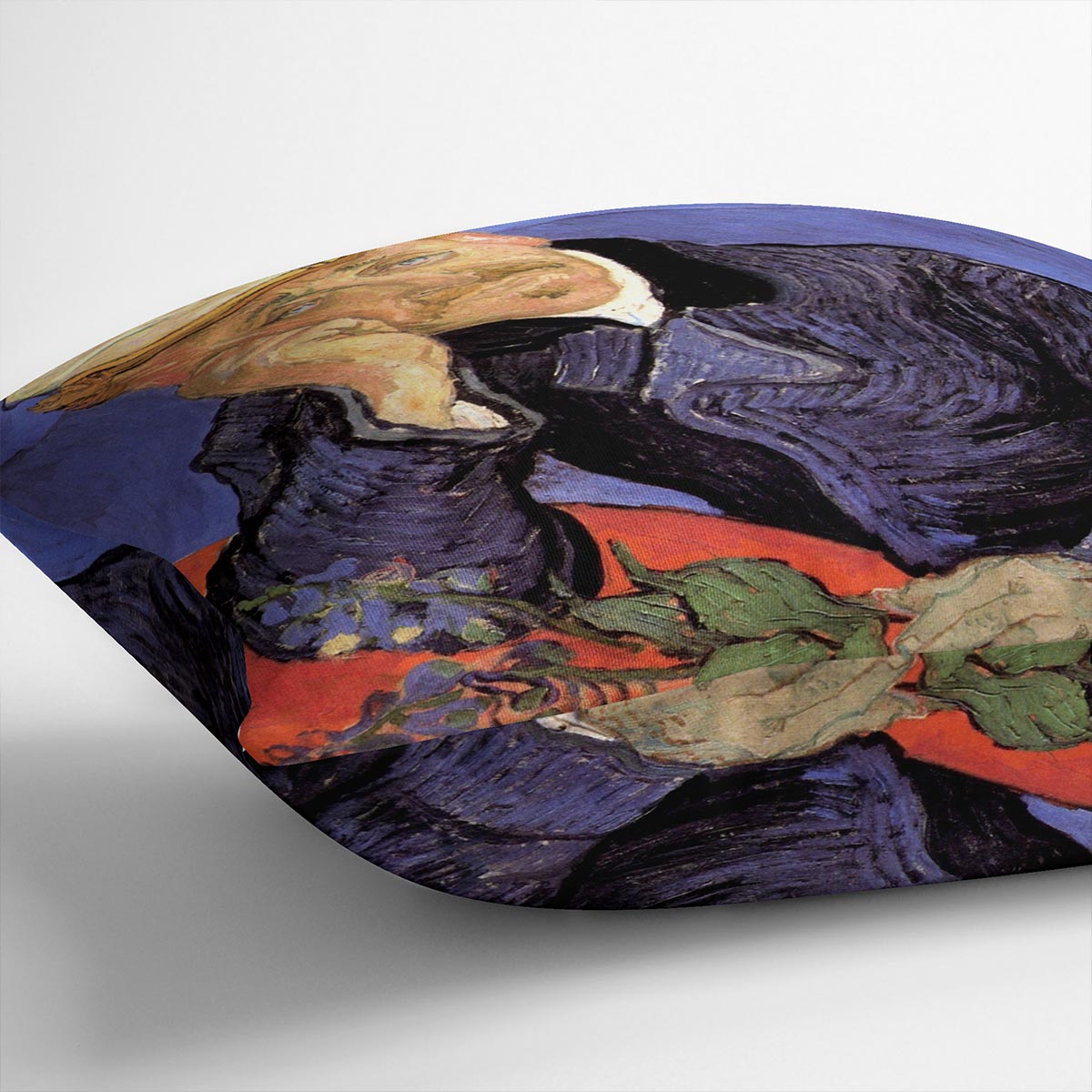 A vibrant cushion featuring Van Gogh's Portrait of Doctor Gachet, made from luxurious vegan faux suede with a plump filling.