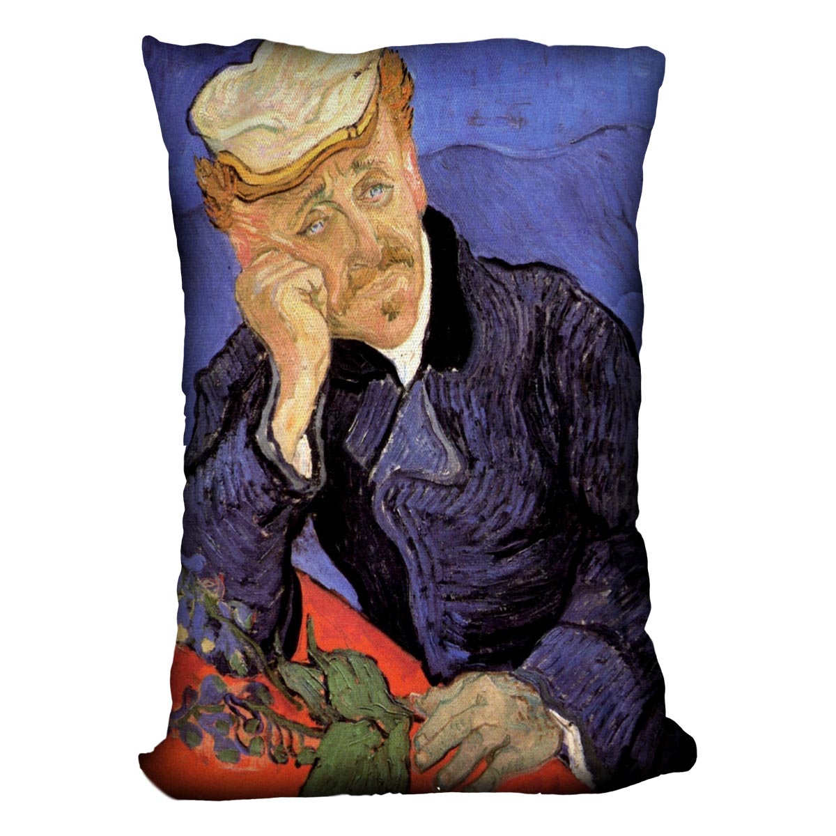 A vibrant cushion featuring Van Gogh's Portrait of Doctor Gachet, made from luxurious vegan faux suede with a plump filling.