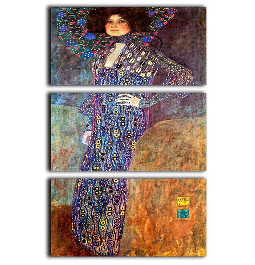 A stunning 3-panel canvas print of Portrait of Emily Floge by Klimt, showcasing intricate details and vibrant colors, perfect for elegant home decor.
