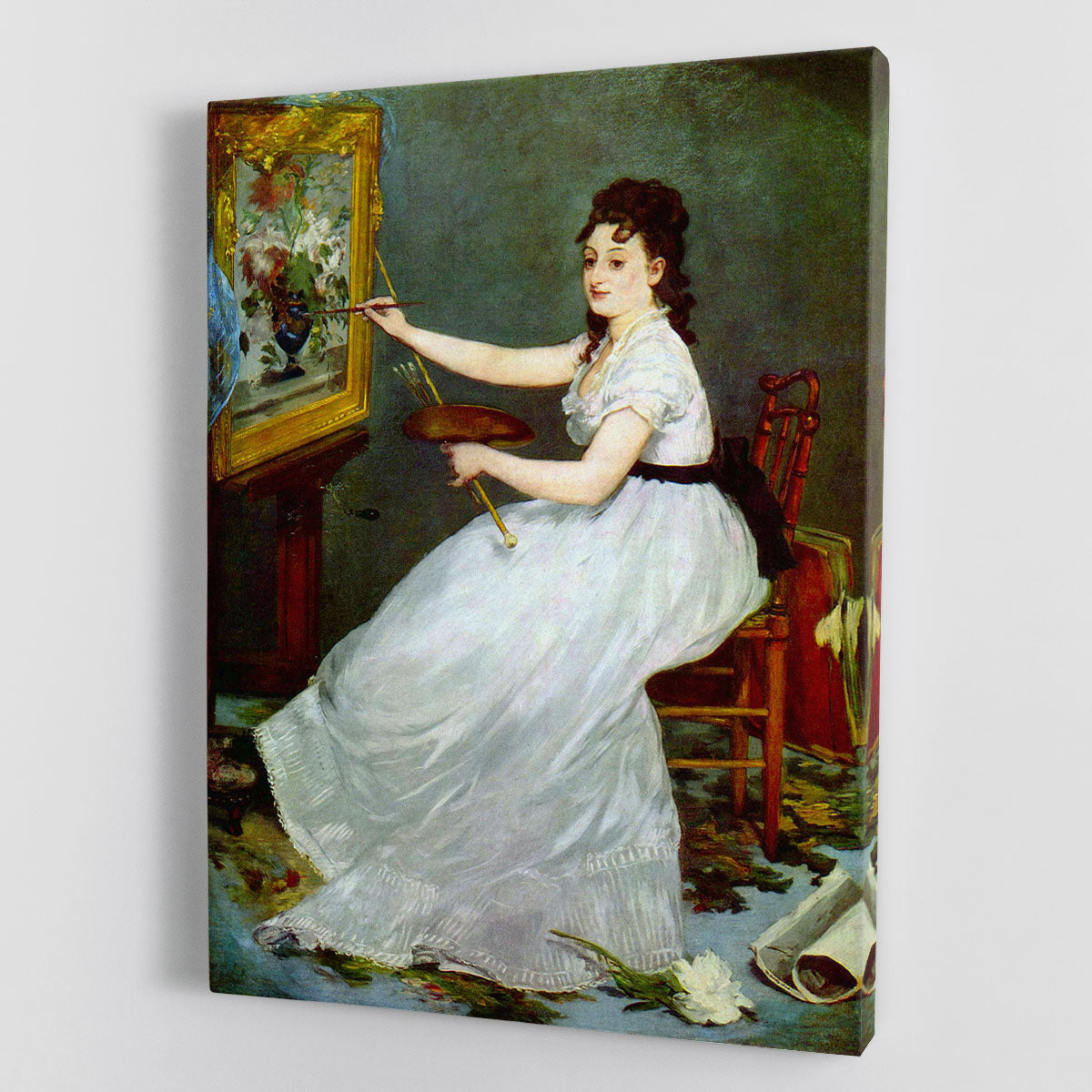 Canvas print of Portrait of Eva GonzalCs in Manet's studio, showcasing elegant colors and artistic details.