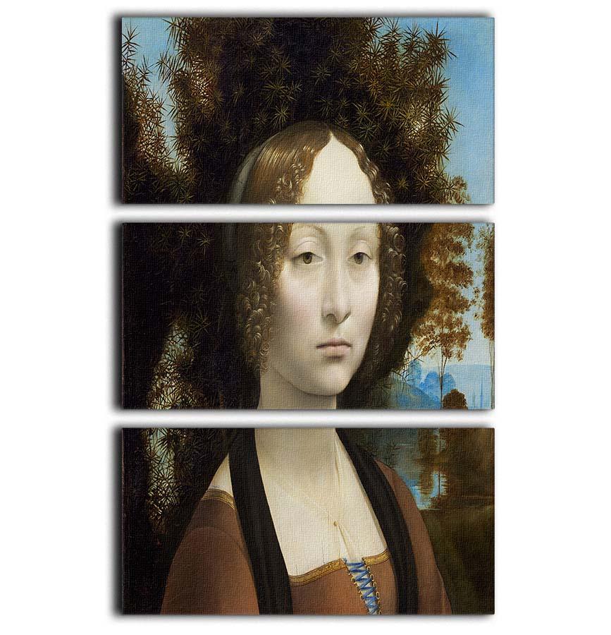Three-panel canvas print of Da Vinci's Portrait of Ginevra de Benci, showcasing intricate details and vibrant colors.