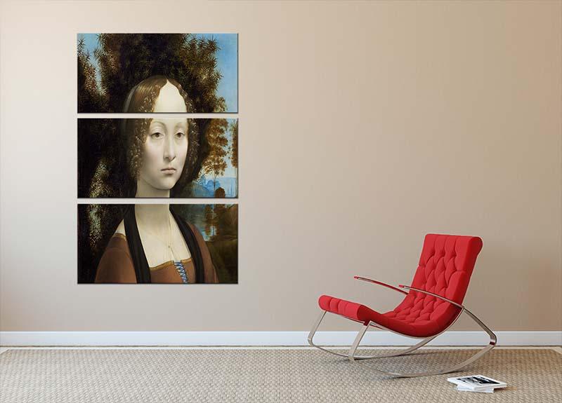 Three-panel canvas print of Da Vinci's Portrait of Ginevra de Benci, showcasing intricate details and vibrant colors.