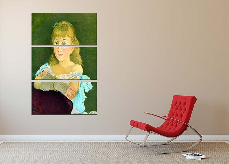 Three-panel canvas print of Portrait of Lina Campineanu by Manet, showcasing vibrant colors and intricate details.