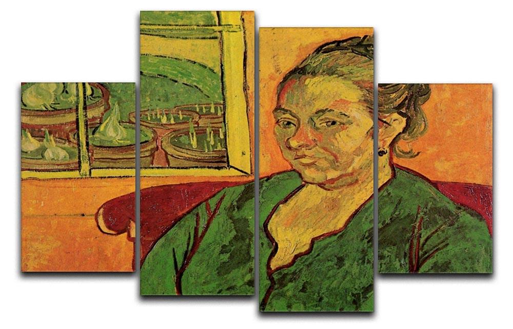A 4 split panel canvas featuring Van Gogh's Portrait of Madame Augustine Roulin, showcasing vibrant colors and expressive brushwork.
