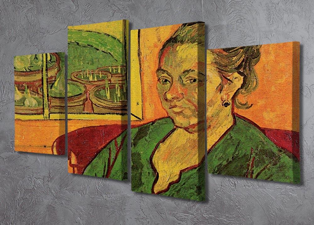 A 4 split panel canvas featuring Van Gogh's Portrait of Madame Augustine Roulin, showcasing vibrant colors and expressive brushwork.