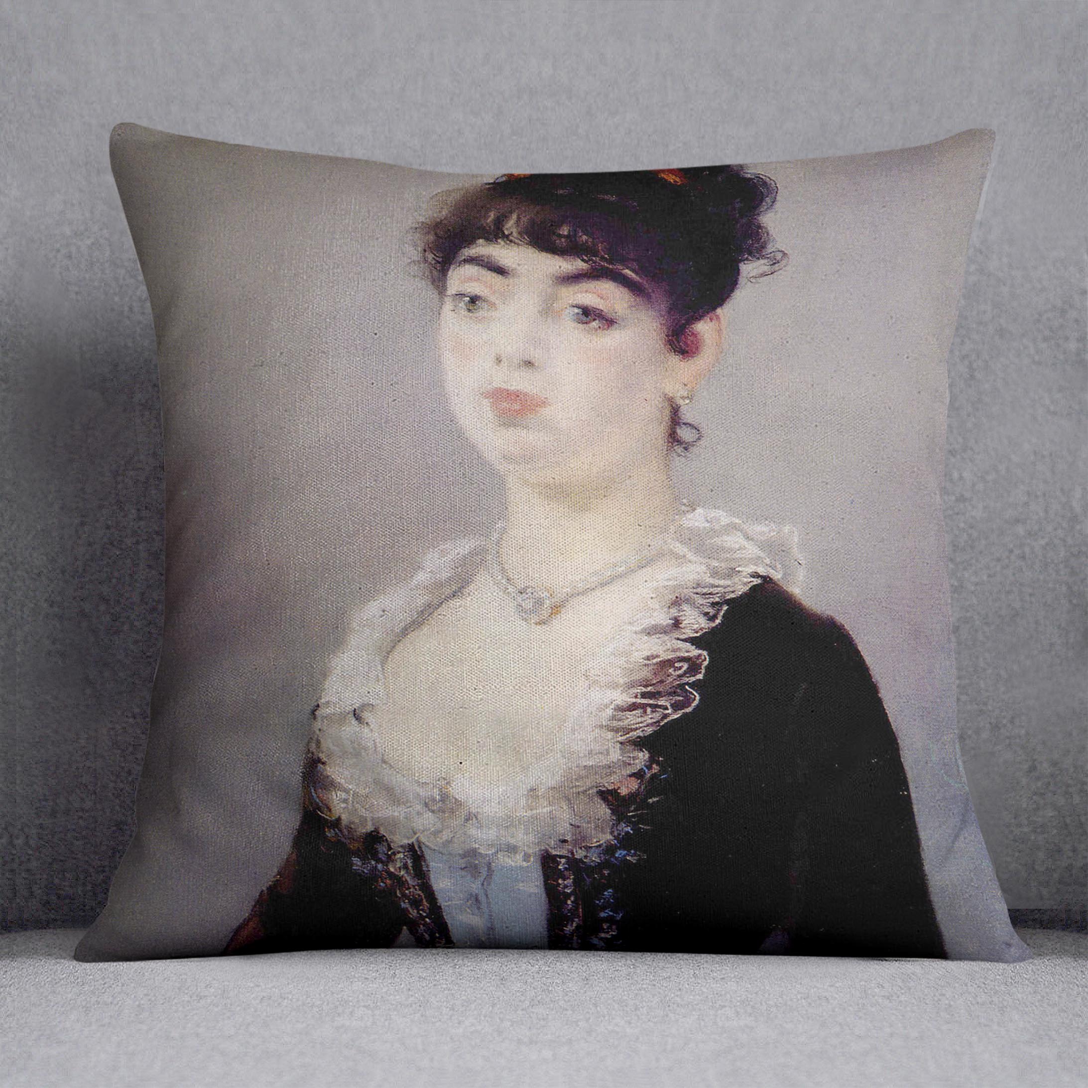 A vibrant cushion featuring the Portrait of Madame Michel LCvy by Manet, made from luxurious vegan faux suede with a colorful abstract design.